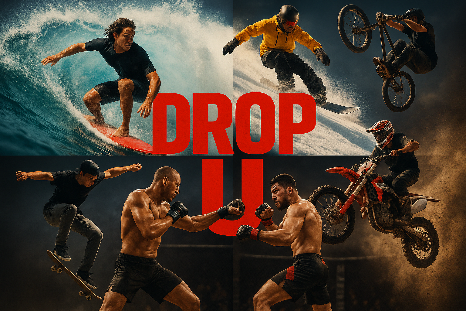 make image with Surfer, Snowboarder, skatebnoarder, motocross, BMX rider, and mixed martial art surrounding DROP U, DROP U lettering in red